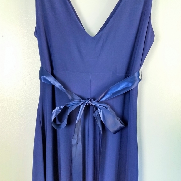 Scarlett Nite Dark Blue Fit-&-Flare Deep V-neck Dress w/ Embellished Ribbon Belt - Picture 5 of 8
